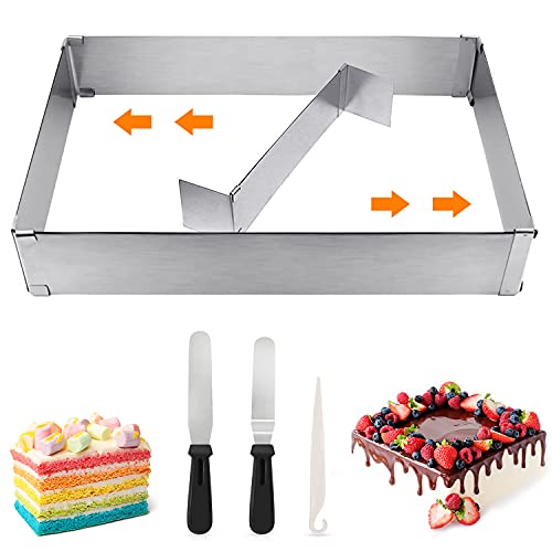 Gohytal Rechteckig Tortenring Verstellbar, Backrahmen Rechteckig Verstellbar 5cm Hoch, Backform mit Teilern und Spatel, Edelstahl Kuchenform, Backblech, Tortenring Rechteckig für Kuchen Torten Pizza von Gohytal