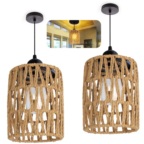 Gohytal 2 Stück Lampenschirm Rattan, Boho Lampenschirm E12 E14 Lampenschirm Klein Hängelampe Rattan Ersatzschirm Zubehör für Tischlampe Hängeleuchten Deckenlampe für Esszimmer Wohnzimmer Café von Gohytal