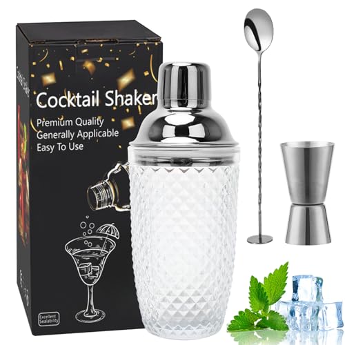 Gohytal Cocktail Shaker, 385ML Shaker Glas, Glas Cocktailshaker, Klarglas Silber Cocktail Shaker Mixer Set mit Edelstahl Lecksicher Messbecher-Deckel für Zuhause Bar Fruchtsäfte Getränke von Gohytal