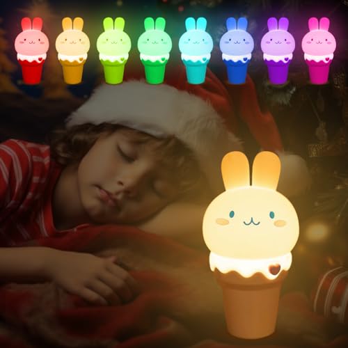 Gohytal Joghurteis Bunny Silikon Nachtlicht Kinder USB-Aufladung Nachttischlampe mit 7 Lichtwechsel & Tap Control & Timing Funktion Kinderzimmer Deko Geschenke Spielzeug Schlaflichter Nachtlicht Baby von Gohytal