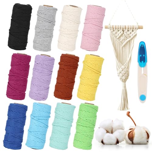 Gohytal Makramee Garn Set 2mmx30m, 12 Stück Makramee Set, Natur Baumwolle Makramee Baumwollgarn Bunt Farbverlauf Weihnachten Deko, Baumwollseil Makramee Zubehör für DIY Handwerk Wandbehang Makramee von Gohytal