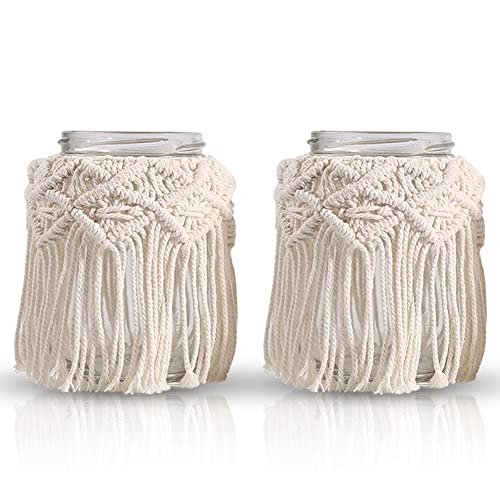 Gohytal Kerzenständer Makramee Girlande, 2 pcs Makramee Windlicht, Makramee Windlicht Glas Boho Beige, Windlichter Für Kerzen Und Trockenblumen für Hochzeit Muttertag Tischdeko Wohnzimmer Deko von Gohytal