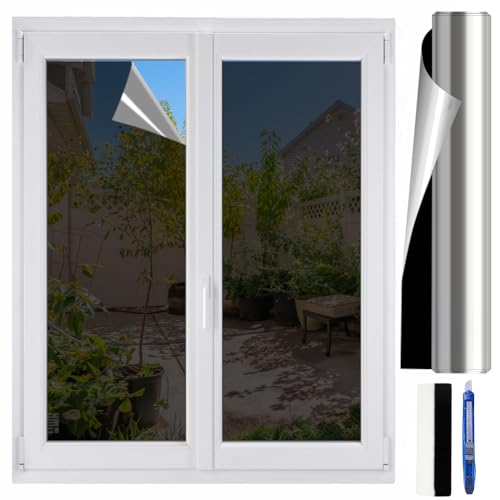 Gohytal Spiegelfolie Selbstklebend Sonnenschutzfolie Fenster innen UV-Schutz Reflektierende Fensterfolie Silber Thermofolie für Büro und Haus, (44.5 * 200CM) von Gohytal