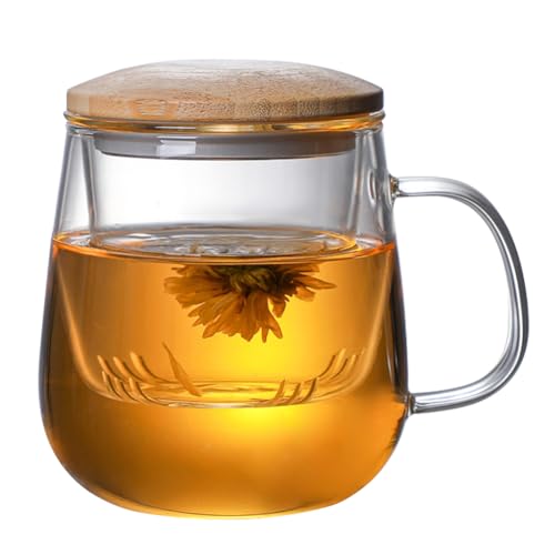 Gohytal Teetasse mit Deckel und Sieb, 420ML Doppelwandige Glas Teetasse, Borosilikat Glas Tasse, Teegläser mit Henkel, Spülmaschinengeeignet, Idealer Teebereiter, Weihnachten Geschenk für Männer Frau von Gohytal