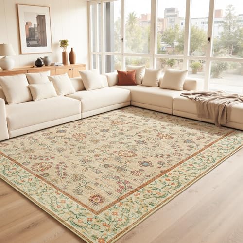 Goideal Wohnzimmerteppich mit Blumenmuster, waschbar, rutschfest, Boho-Niederflor-Teppich mit Gummi-Rückseite, für Schlafzimmer, Küche, Badezimmer, Spielzimmer, Eingangsbereich, Büro von Goideal