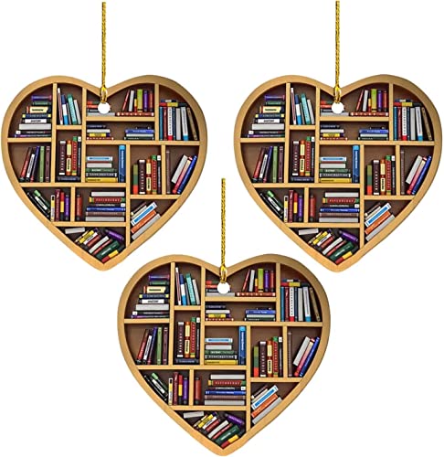 3pcs Book Lovers Heart-Shaped Bookshelf Pendant Ornament Christmas Tree Decor Gifts, Library Bookshelf Love Ornament, Books Library Bookworm Reading Xmas Ornaments von Gokame