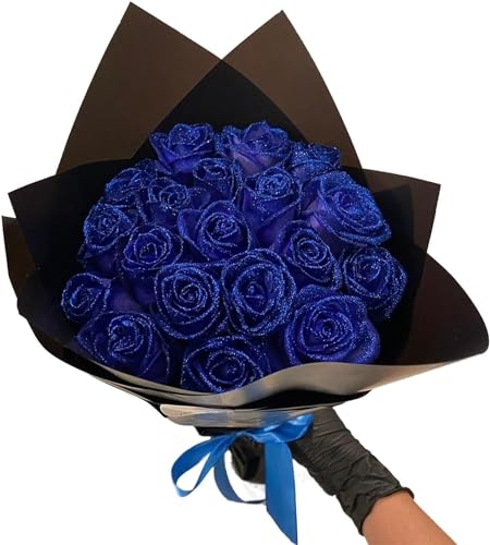 Gokame Glitzer-Rosenstrauß - (Selbstmontage), künstlicher Rosenblumenstrauß, ewig, glänzend, künstliche Rosen, Blumenstrauß, Liebesgeschenke für Valentinstag, Jahrestag, Verlobung (Blue, 24Pcs) von Gokame