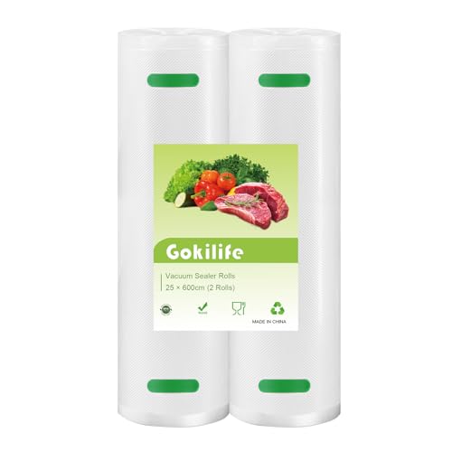 Gokilife Vakuumbeutel Rollen – 2 Rollen 25 x 600 cm Sous-Vide-Beutel, BPA-frei, langlebig, kommerzielle Größe, Lebensmittelbeutel für Lebensmittelaufbewahrung und Sous-Vide-Kochen von Gokilife