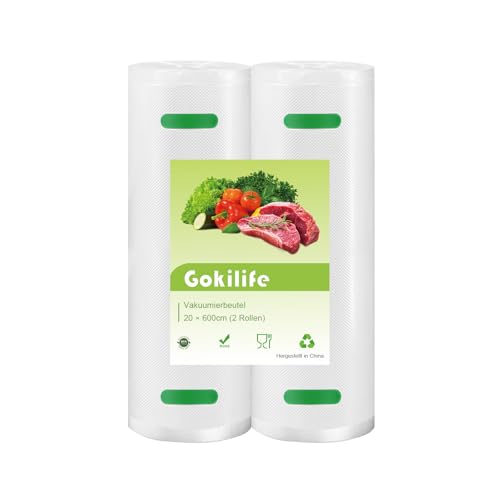 Gokilife Vakuumierbeutel - 2 Rollen 20x600cm Reißfest ca. 450µm, Vakuumierfolie für alle Vakuumierer & Lebensmittel Vakuumiergerät, Profi Folienrollen BPA-frei, Kochfest und Sous Vide Gefrierbeutel von Gokilife