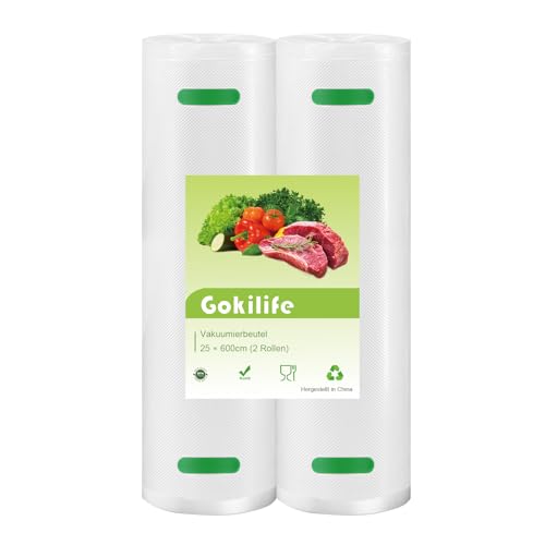 Gokilife Vakuumierbeutel - 2 Rollen 25x600cm Reißfest ca. 450µm, Vakuumierfolie für alle Vakuumierer & Lebensmittel Vakuumiergerät, Profi Folienrollen BPA-frei, Kochfest und Sous Vide Gefrierbeutel von Gokilife