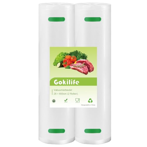 Gokilife Vakuumierbeutel - 2 Rollen 28x600cm Reißfest ca. 450µm, Vakuumierfolie für alle Vakuumierer & Lebensmittel Vakuumiergerät, Profi Folienrollen BPA-frei, Kochfest und Sous Vide Gefrierbeutel von Gokilife