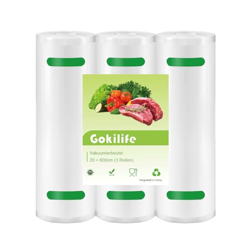 Gokilife Vakuumierbeutel - 3 Rollen 20x600cm Reißfest ca. 350µm, Vakuumierfolie für alle Vakuumierer & Lebensmittel Vakuumiergerät, Profi Folienrollen BPA-frei, Kochfest und Sous Vide Gefrierbeutel von Gokilife