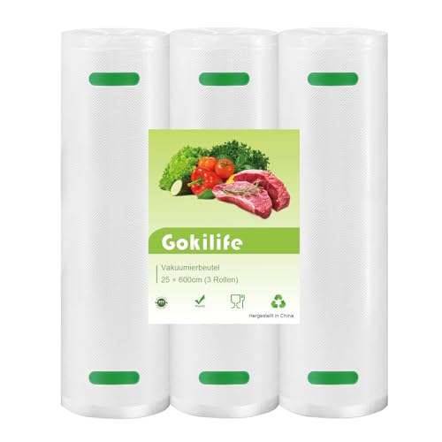 Gokilife Vakuumierbeutel - 3 Rollen 25x600cm Reißfest ca. 450µm, Vakuumierfolie für alle Vakuumierer & Lebensmittel Vakuumiergerät, Profi Folienrollen BPA-frei, Kochfest und Sous Vide Gefrierbeutel von Gokilife