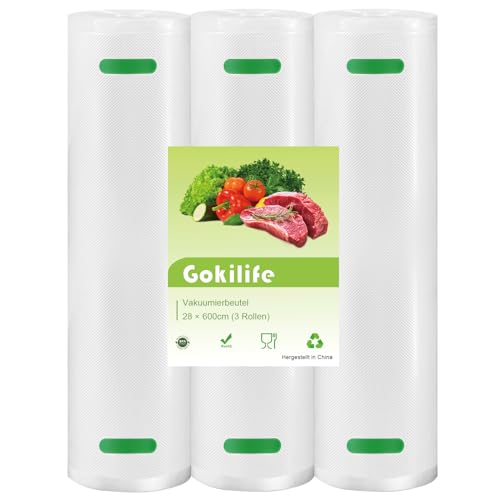 Gokilife Vakuumierbeutel - 3 Rollen 28x600cm Reißfest ca. 450µm, Vakuumierfolie für alle Vakuumierer & Lebensmittel Vakuumiergerät, Profi Folienrollen BPA-frei, Kochfest und Sous Vide Gefrierbeutel von Gokilife