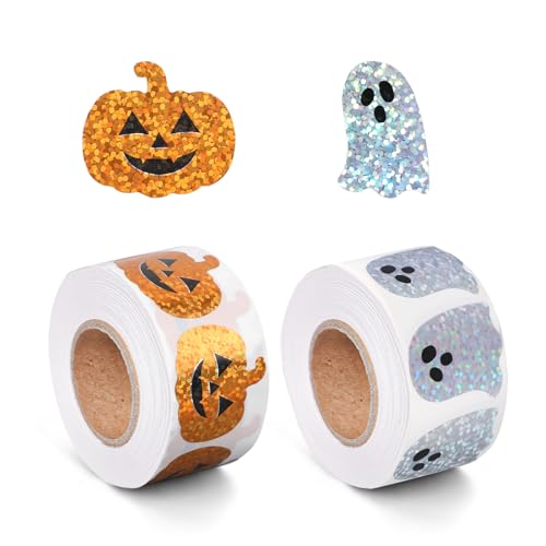 1000 Halloween Sticker Rolle, Glitzernde Geister und Kürbis Sticker Holografische Aufkleber Wasserfest Selbstklebend für Halloween Partys Umschläge und Scrapbook Dekoration 1000 Halloween Sticker Rolle, Glitzernde Geister und Kürbis Sticker Holografische Aufkleber Wasserfest Selbstklebend für Halloween Partys Umschläge und Scrapbook Dekoration von Goktvai