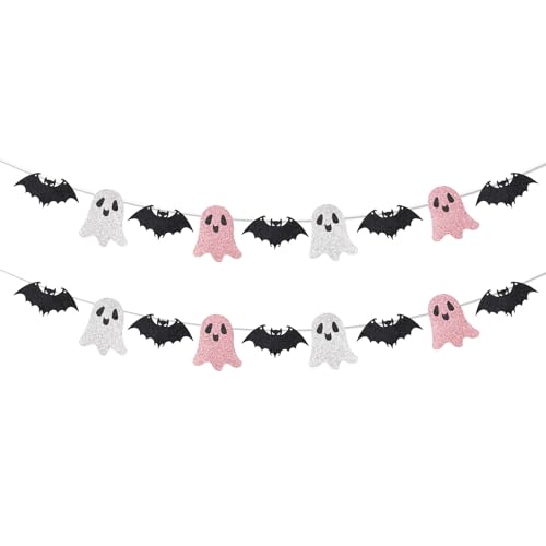 2 Stück Halloween Banner Dekorationen, Süße Glitzernde Geister und Fledermaus Hängegirlande Vorgespanntes Gruseliges Party Banner für Halloween Party Dekorationszubehör von Goktvai