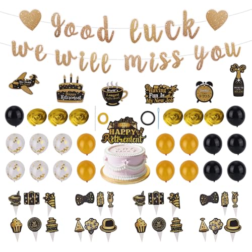 Abschiedsparty-Dekoration, Good Luck We Will Miss You Banner Schwarz Gold Kuchen- & Cupcake-Deko Latexballons Hängende Spiralen für Abschied Ruhestand Kollegen-Verabschiedungsdekor von Goktvai