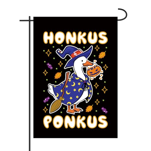 Honkus Ponkus Hexengans-Flagge, 45 x 30 cm Lustige Halloween-Gartenflagge Vertikal Doppelseitig Sackleinengans Saisonale Haushofdekoration für Terrasse Veranda Rasen von Goktvai