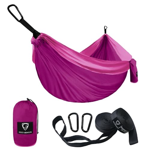 Gold Armour Camping-Hängematte - Einzelfallschirm-Hängematte (2 Baumgurte, 10 Schlaufen / 20 Fuß inklusive) Leichte tragbare Nylon-Kinder für Erwachsene (Fuchsia/Pink) von Gold Armour