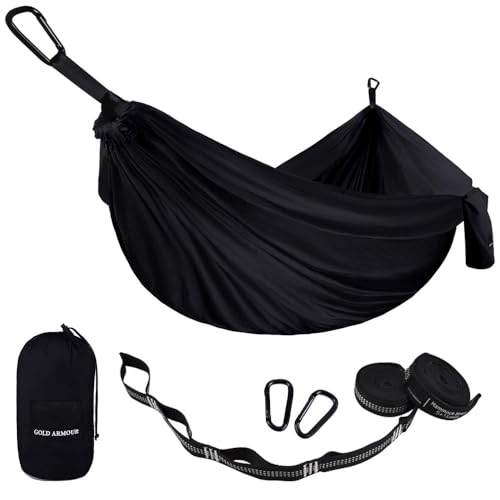 Gold Armour Camping-Hängematte - Einzelfallschirm-Hängematte (2 Baumgurte, 10 Schlaufen / 20 Fuß inklusive) Leichte tragbare Nylon-Kinder für Erwachsene (schwarz) von Gold Armour