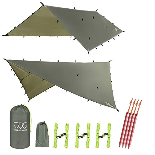 Gold Armour Rainfly Tarp Hammock, 14.7ft/12ft/10ft/8ft Rain Fly Cover, Waterproof Ultralight Ripstop Fabric, Survival Gear Backpacking Camping Tent Accessories (OD Green, 10ft x 8ft) von Gold Armour