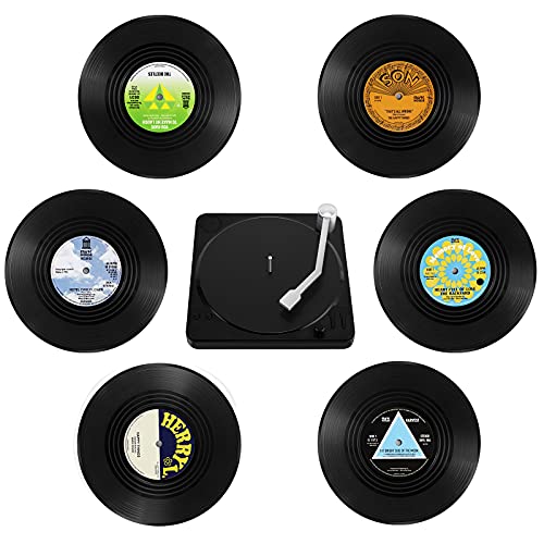 GoldOars 6er Set Retro Vinyl Schallplatten Untersetzer, Retro Untersetzer für Getränke, rutschfeste Untersetzer mit Halter, für Zuhause Kaffee-Bars, Zeiten von GoldOars