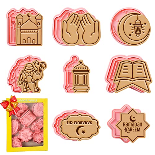 GoldOars 8Pcs Eid al-Fitr Ausstechformen, Muslimischen Cookie Cutter, Backen Form 3D Ausstecher Set Wiederverwendbar Kunststoff Stempel Ausstechformen Formen für Kinder Keksausstecher Backset von GoldOars