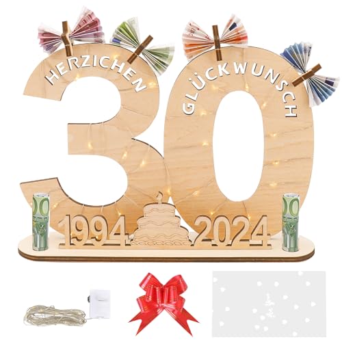 30 Geburtstag Frauen Männer Geschenk mit Geschenktasche& Schleife&Led Lichterkette,Geldgeschenke Geburtstag 30,Geschenke zum 30 Geburtstag Frau Mann Deko 1994-2024 Holzschild Gästebuch 30. Geburtstag von GoldRock