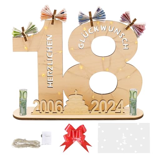 Geldgeschenke 18.Geburtstag mit Geschenktasche&Schleife&Led Lichterkette,Geschenke zum 18 Geburtstag Mädchen Junge Deko, Geschenk 18. Geburtstag Junge,Holzschild Gästebuch 18 Geburtstag Geschenk 2006 von GoldRock