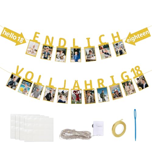 GoldRock Glitzer 18 Geburtstag Deko Foto Girlande mit 3m Led Lichterkette, Endlich Volljährig 18. Geburtstag Junge Mädchen Fotogirlande,Banner 18 Geburtstage,Meilensteine Geburtstagsdeko 18 Jahre Gold von GoldRock