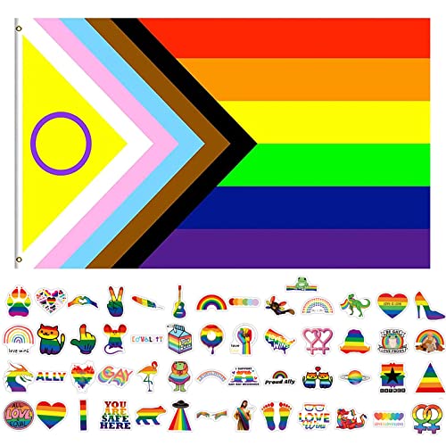 GoldRock Progress Pride Flag Sticker Set, Regenbogen Flagge 150x90 cm+50 Stück Lgbtq Sticker, Pride Flagge, Lesbian Flag, Gay Flag Joint-Pride Flag,Regenbogenfahne mit 2 Messingösen,Regenbogenflagge von GoldRock