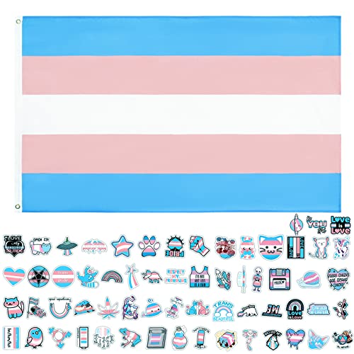 GoldRock Trans Flag Transgender Pride Stickers Set, Trans Flagge 150x90 cm+60 Stück Trans Aufkleber, Packer Transgender Pride Flag, Indoor Outdoor Diverse Urlaubs Party LGBT Flag, Gay Pride Flagge von GoldRock