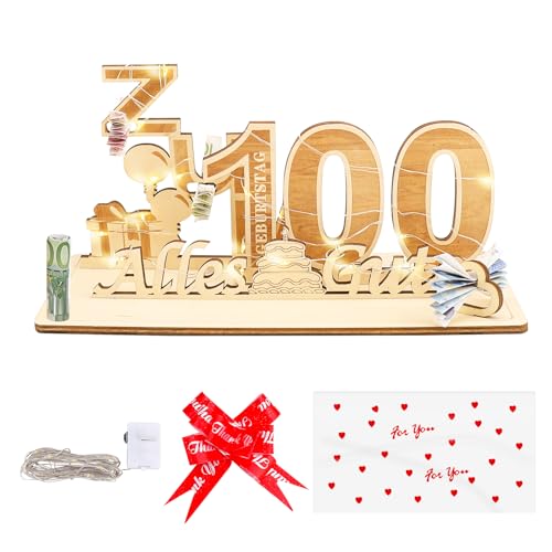 Geschenke zum 100 Geburtstag Frau Mann mit Led Lichterkette&Geschenktasche,Geldgeschenke Geburtstag 100, Geschenke 100 Geburtstag Mann,100.ter Geburtstag Frau Mann,Geschenk 100. Geburtstag Deko Holz von GoldRock