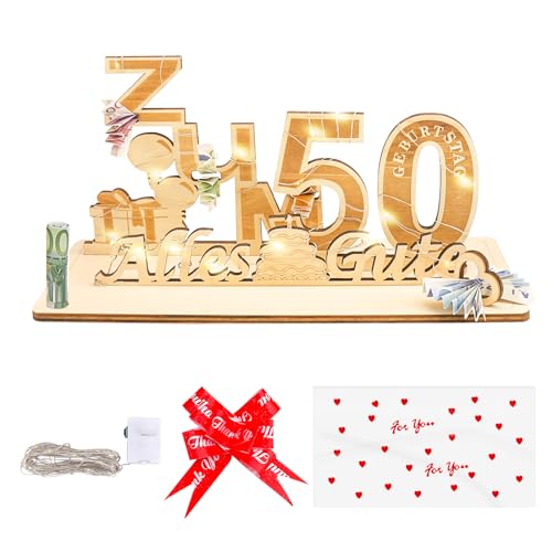 GoldRock Holzschild Gästebuch Geburtstag Geschenk mit Geschenktasche, Schleife, LED Lichterkette (50 Geburtstag Geschenke) von GoldRock