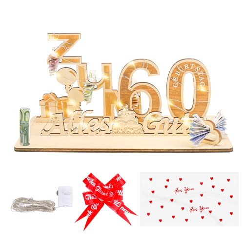 GoldRock Holzschild Gästebuch Geburtstag Geschenk mit Geschenktasche, Schleife, LED Lichterkette (60 Geburtstag Geschenke) von GoldRock