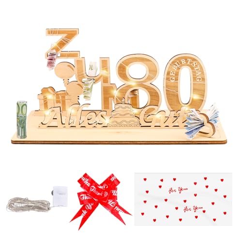 GoldRock Holzschild Gästebuch Geburtstag Geschenk mit Geschenktasche, Schleife, LED Lichterkette (80 Geburtstag Geschenke) von GoldRock