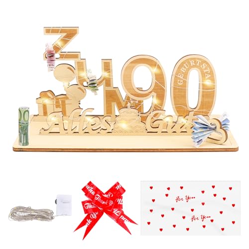 Geschenke zum 90 Geburtstag Frau Mann mit Led Lichterkette&Geschenktasche,Geldgeschenke Geburtstag 90, Geschenke 90 Geburtstag Mann,Holzschild 90.ter Geburtstag Frau Mann,Geschenk 90. Geburtstag Deko von GoldRock