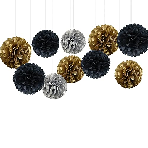 GoldRock Pompons Deko, 10 Stück Pompoms Deko, Schwarz, Gold, Silber Papierblumen, Wabenbälle Bunt Set, Pompons Geburtstagsdeko, Seidenpapier Pompons für Hochzeit, Party Deko Geburtstag, Graduierung von GoldRock