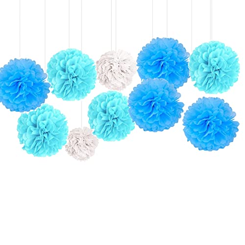 GoldRock Seidenpapier Pompons Deko, 10 Stück Pompoms Deko,Weiß, Hellblau, Himmelblau Papierblumen, Wabenbälle Bunt Set, Pompons Geburtstagsdeko,Seidenpapier Pompons für Hochzeit,Gartenparty,Geburtstag von GoldRock