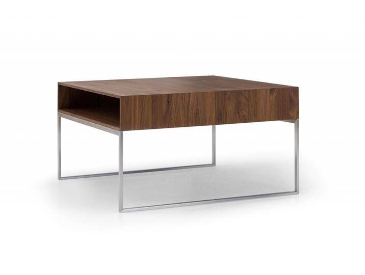 Couchtisch Nussbaum massiv mit Fach. Massivholz Couchtisch JANO+ mit Edelstahlgestell. 80x80 cm Nussbaum und Edelstahl gebürstet. Made in Germany von Goldau & Noelle Manufaktur