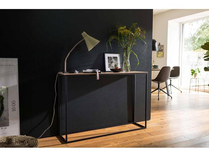 Design Konsolentisch AMAT mit schmalem Metallgestell. 110x28x75cm. Massivholz Wildeiche mit schwarzem Gestell. Hochwertige schmale Konsole handgema... von Goldau & Noelle Manufaktur
