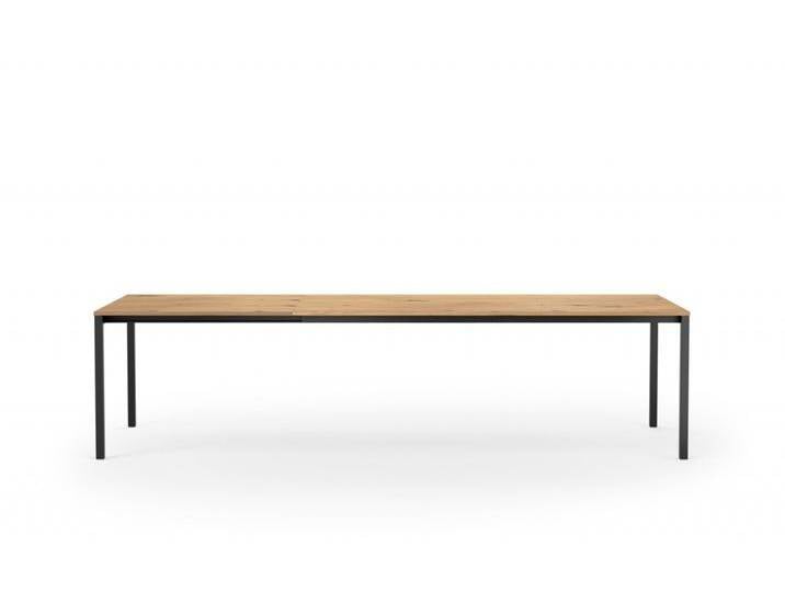 Esstisch ausziehbar in Wildeiche Massivholz mit Metallgestell in Schwarz. Design Ausziehtisch WILHELM 200x100 mit 100 cm Verlängerung von Goldau & Noelle Manufaktur