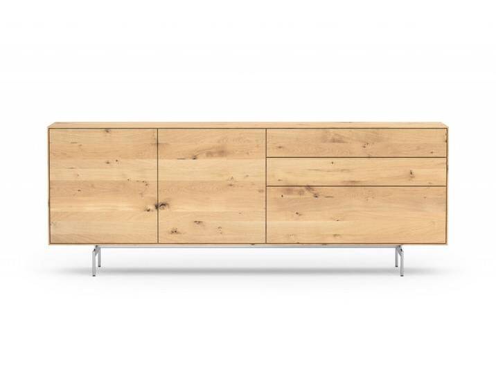 Sideboard Asteiche Massivholz Buffet Wildeiche FRIEDA 03 Sideboard mit 3 Schubladen Edelstahlgestell Modern Push-to-Open Made in Germany von Goldau & Noelle Manufaktur