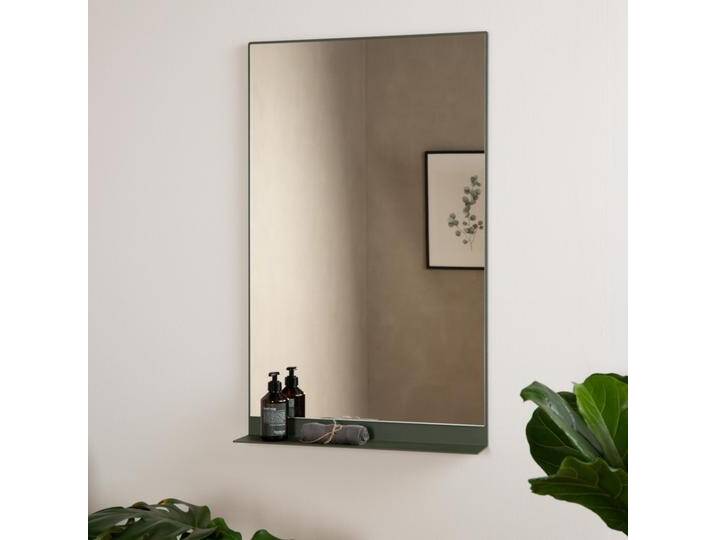 Wandspiegel modern mit Ablage in Olivgrün Rechteckiger Flurspiegel MIRA Design Spiegel aus Metall und Glas 90 x 55 cm Made in Germany von Goldau & Noelle Manufaktur