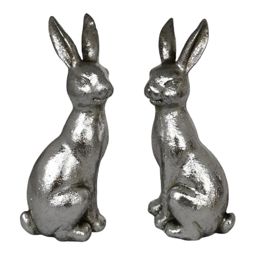 Goldbach 2er Set Hase 18cm groß Silber Polyresin Ostern Figur sitzend Osterhase hockend modern Dekofigur Osterdeko von Goldbach