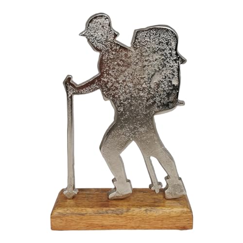 Goldbach Wanderer aus Aluminium auf Holzsockel Bergsteiger Bergtour Deko Aufsteller Alu Silber Figur Silhouette von Goldbach