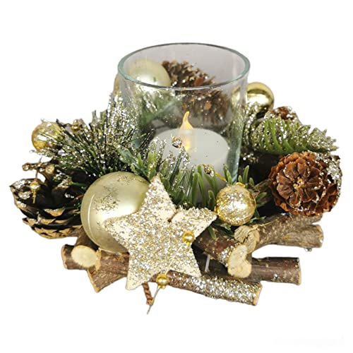 Holzkranz mit Deko Windlicht Advent Adventskranz Weihnachten Holz Glas Tischdeko Gold champagnerfarben von Goldbach