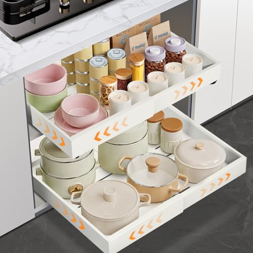Goldeluxe 2er-Set ausziehbare teleskop küchenschublade – verstellbare Küchenschubladen für Pfannen und Töpfe, einfache Montage ohne Bohren, stabiles Ordnungssystem für Schränke (32-52cm x 42cm x 7cm) von Goldeluxe