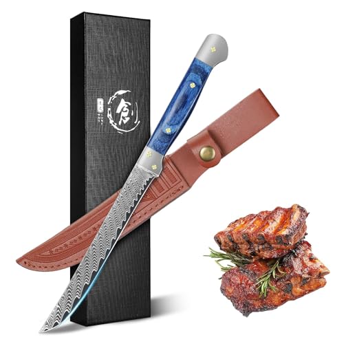 Golden Bird Ausbeinmesser profi 14,5 cm – Filetiermesser aus Damaststahl mit VG10-Kern, professionelles Küchenmesser mit ergonomischem blauen Full-Tang Holzgriff und Schutzscheide von Golden Bird