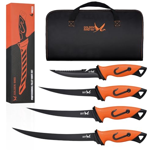 Golden Bird Filetiermesser Fisch set Fischmesser 5Cr15mov Filitiermesser scharf Fisch Full Tang Ausbeinmesser profi mit Scheide zum Filetieren und Entbeinen mit rutschfesten Griffen von Golden Bird